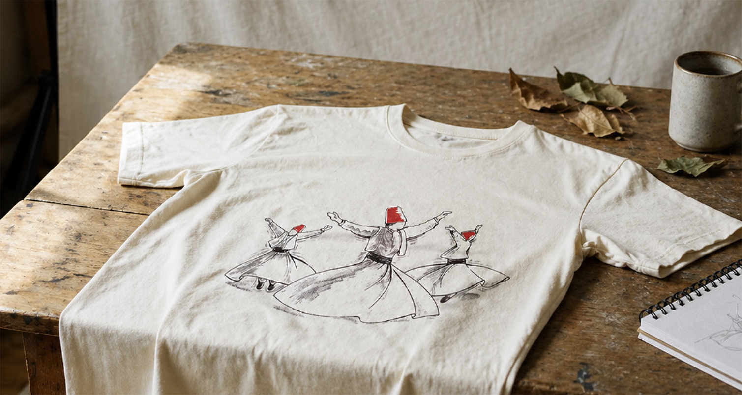 Whirling Dervish T-Shirt on a studio table