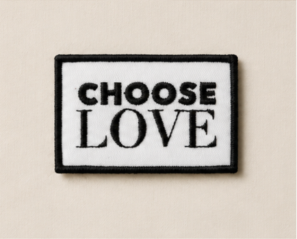 Choose Love Patch — archive fragment, black embroidered lettering on ivory
