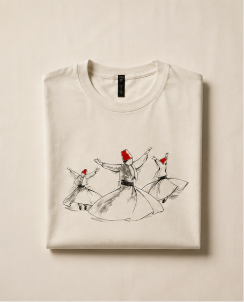Whirling Dervish T-Shirt — archive garment, bone with ink illustration
